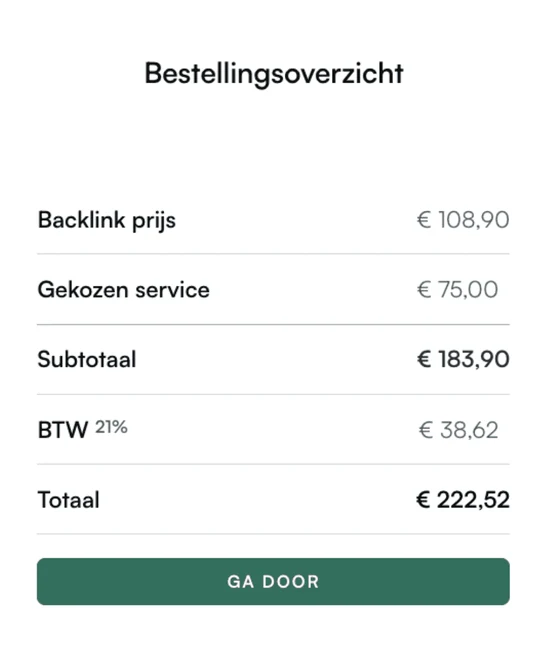 Foto van het bestellingsoverzicht na het bestellen van een backlink