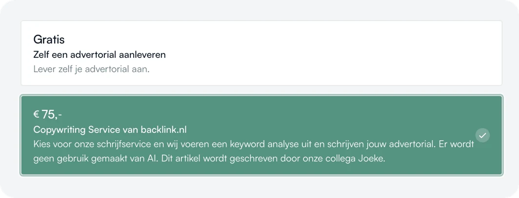 Foto van de optie die je moet kiezen bij het bestellen van een backlink