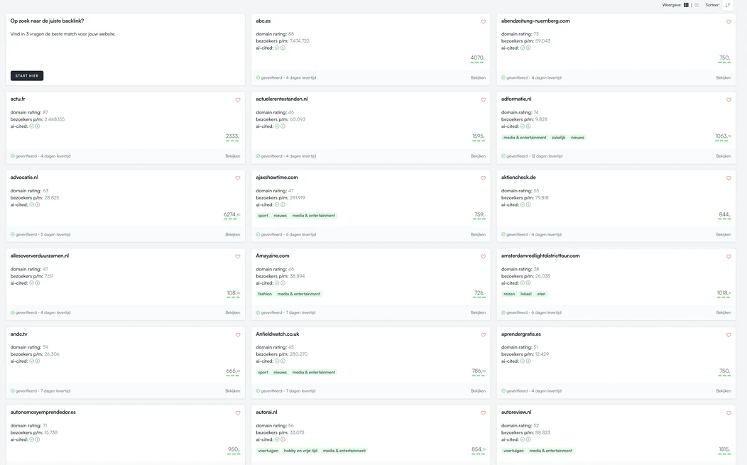 Overzicht van alle websites in het Backlink-platform